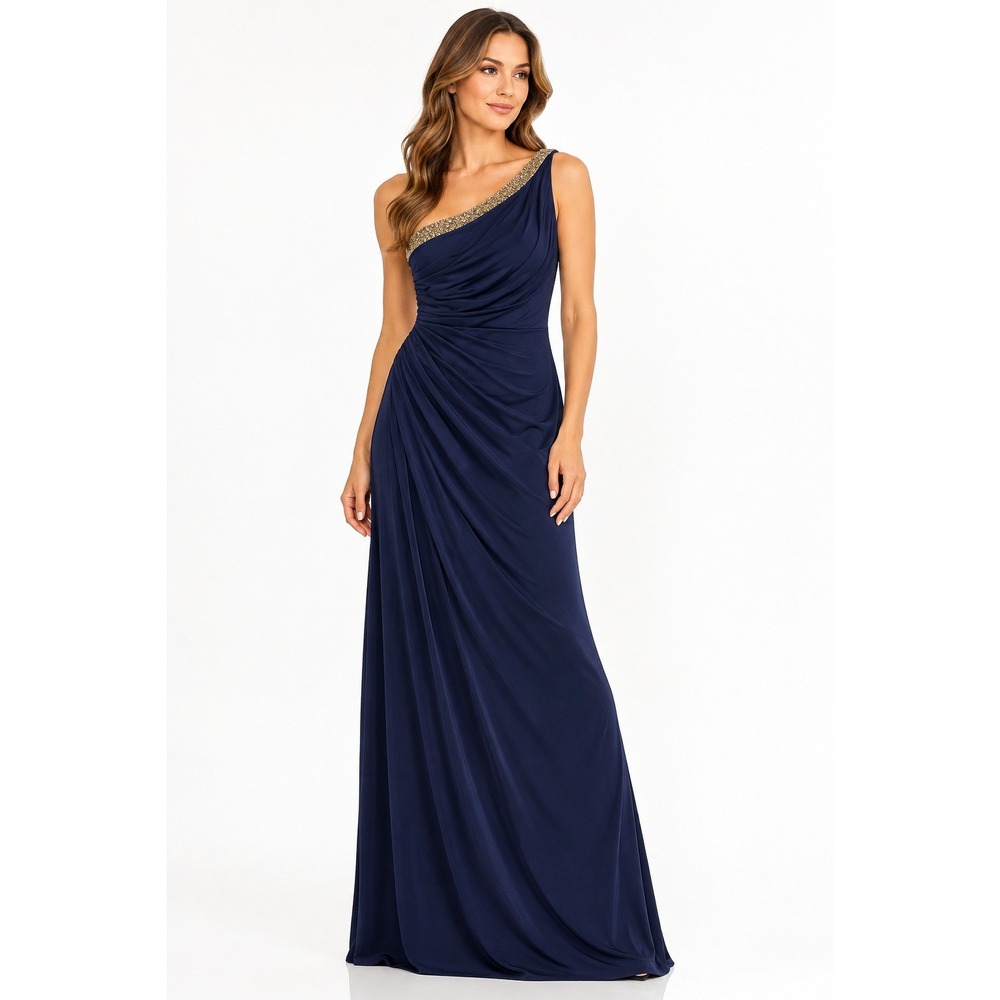 Adrianna Papell Navy One Shoulder Beaded Trim Ruched Gown Dress Size 4 NEW